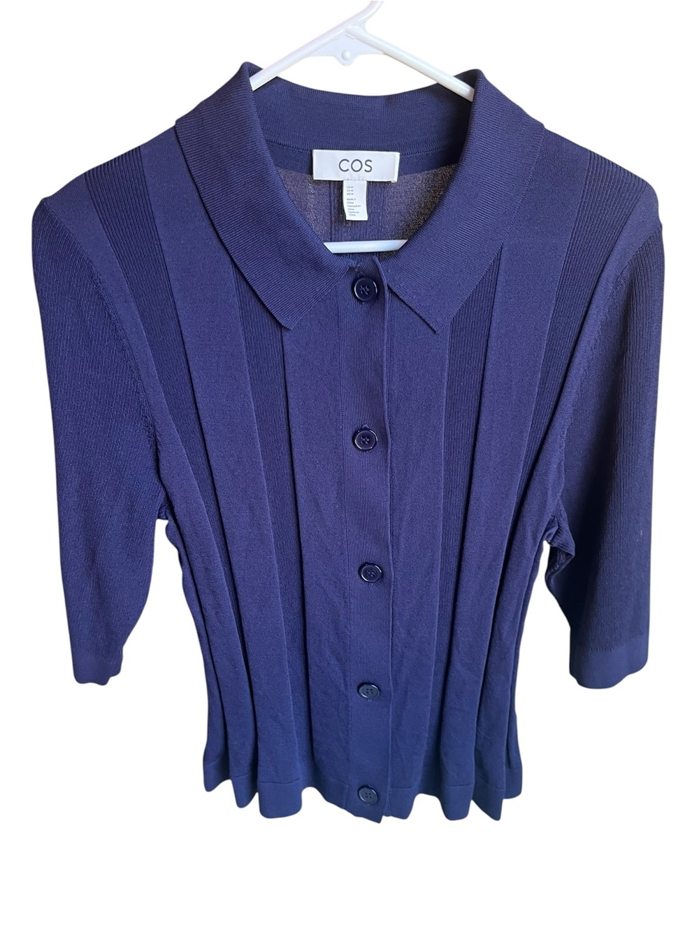 COS Navy Knit Cardigan Sweater Top Collared Button Front Minimalist M